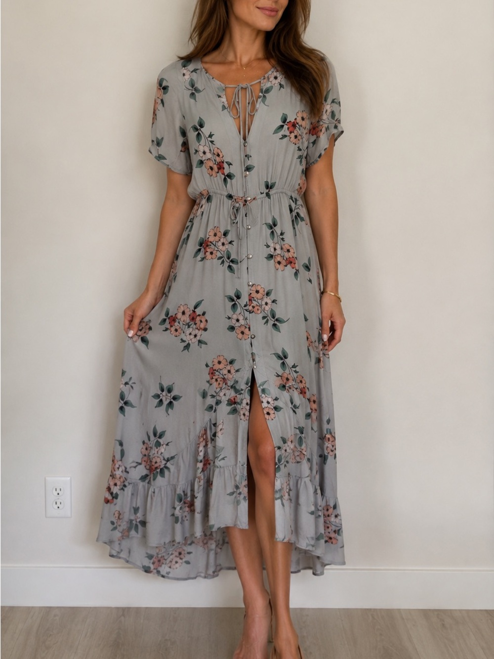 saltwater LUXE Light Gray Floral V-Neck Maxi Dress with Pink Flowers